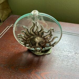Sun Face Glass Art Decor - Silver oil lamp needs wick and you add lamp oil